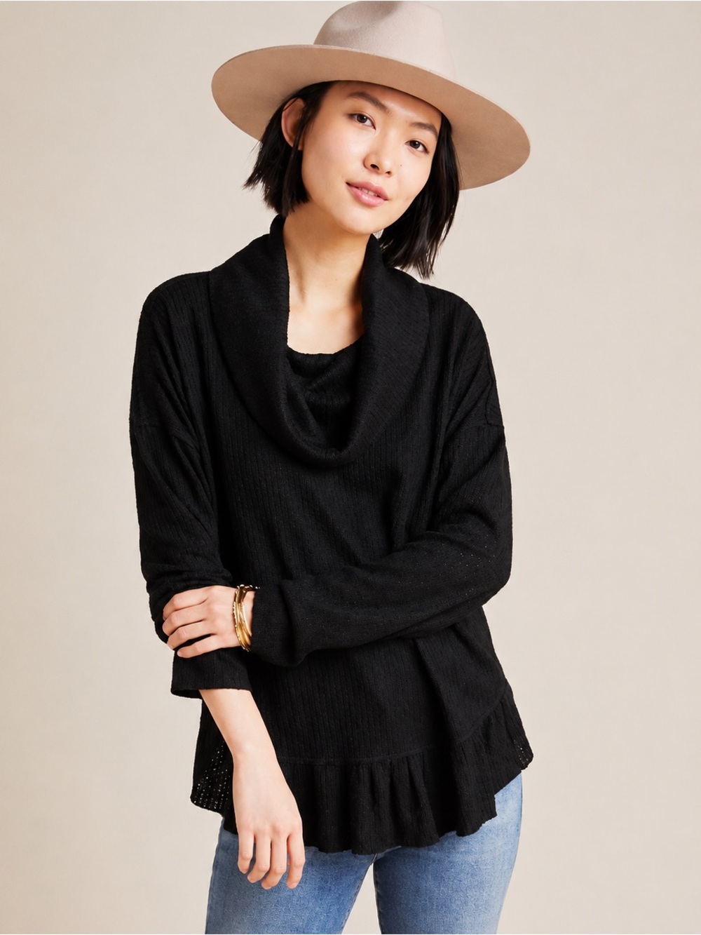 Anthropologie Maeve Addie Ruffle Hacci Cowl Neck Sweater Black Size S